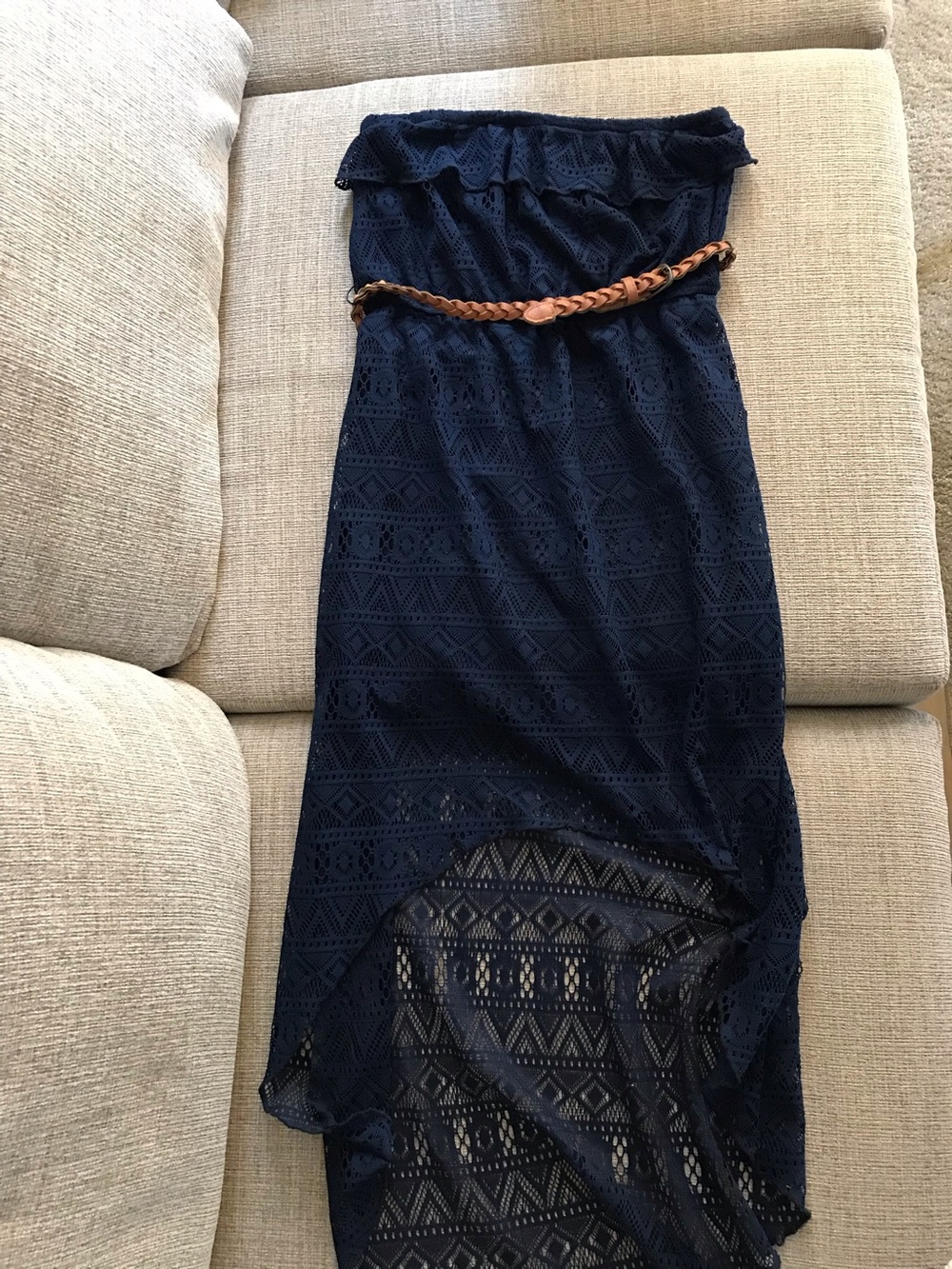 Trixxi Navy Strapless Lace Maxi Dress with Braided Tan Belt